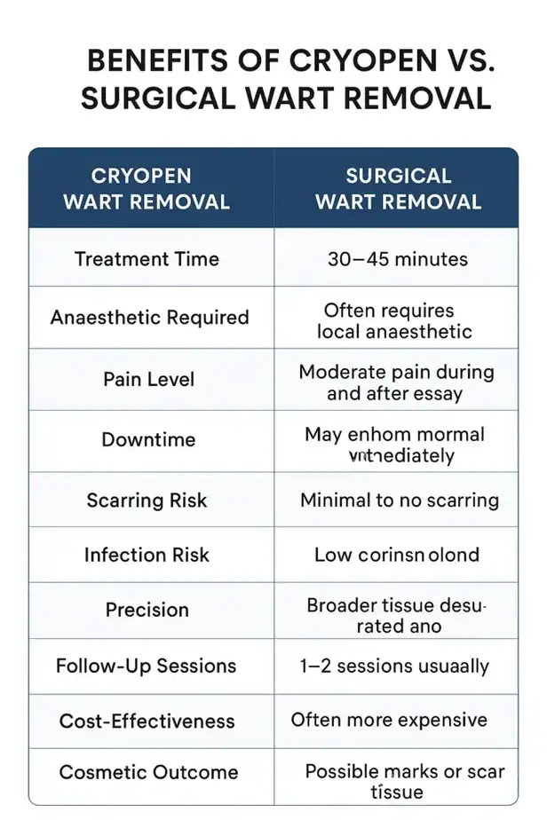 Table showing the benefits of cryopen to remove warts Twickenham compared to surgical treatment